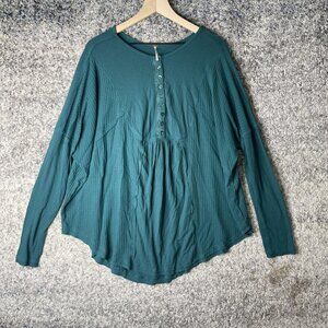 Free People Thermal Henley‎ Shirt Womens XS Small Teal Waffle Knit Long Sleeve